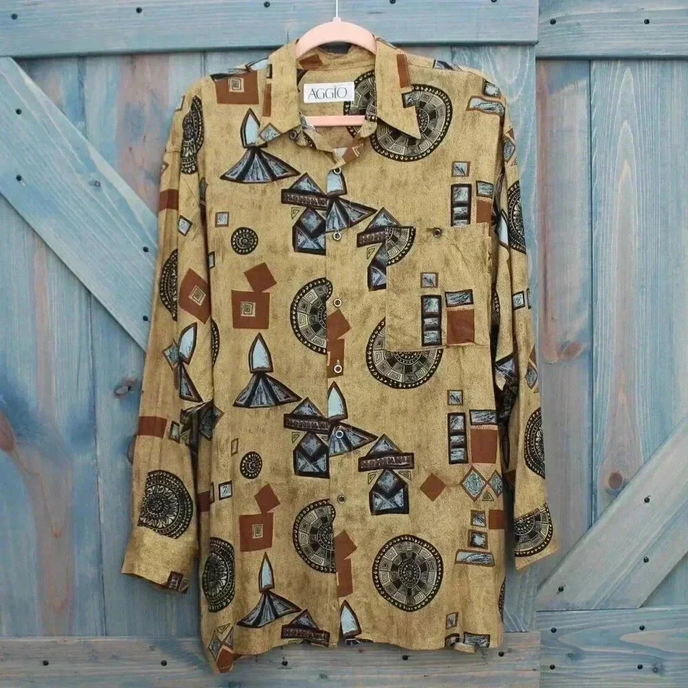 Mens Vintage 80s Abstract Print Button Down Shirt Rayon Burning Man Aggio - Picture 2 of 7